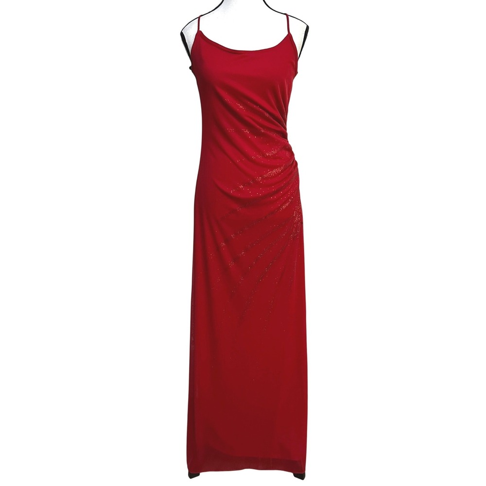 VTG 90s Roberta Red Glitter Ruched Maxi Dress L Strappy Back Prom Formal Gown
